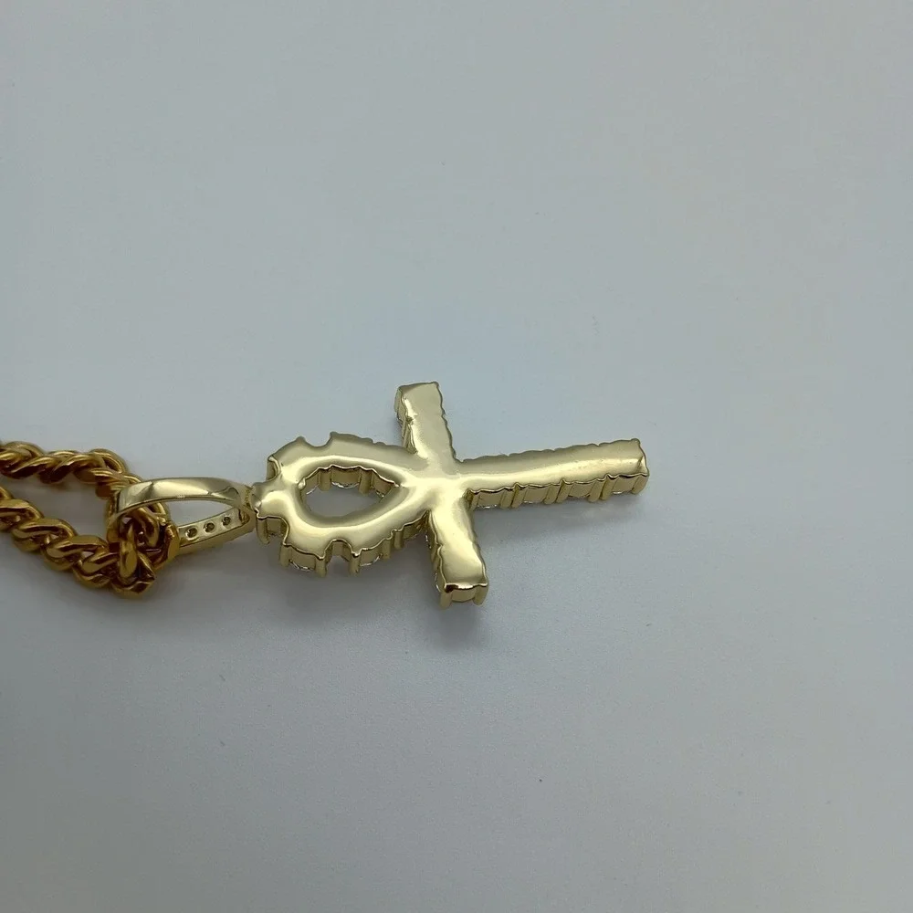 Ice‎ Mob Gold-Tone Cuban Link Chain 20 Inch Iced Out Ankh Cross Pendant Necklace